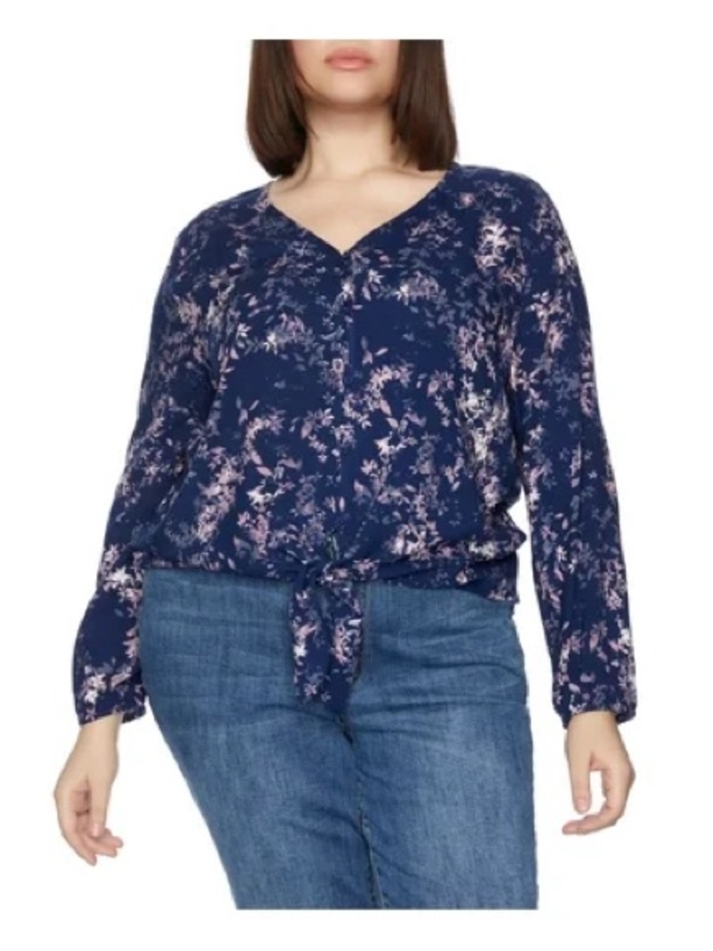 Cooper & Ella Women’s Navy Floral Tie-Hem Long Sleeve Blouse